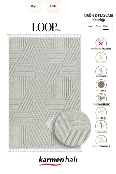 Loop Lp001a Beyaz Halı Dekoratif Sisal Bukle Tozsuz Antialerjik Salon Halısı Yatak Odası Koridor Özel Ölçü BEYAZ - Resim 6