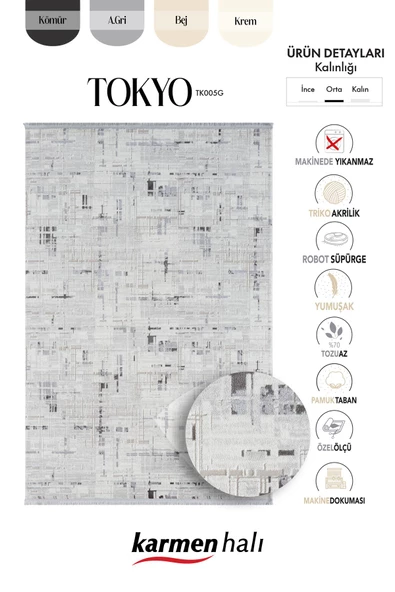 Tokyo Tk005g Gri Halı Antrasit Detaylı Modern Akrilik Halı Kaymaz Taban Tozuaz Salon Halısı Koridor Özel Ölçü GRI - 6