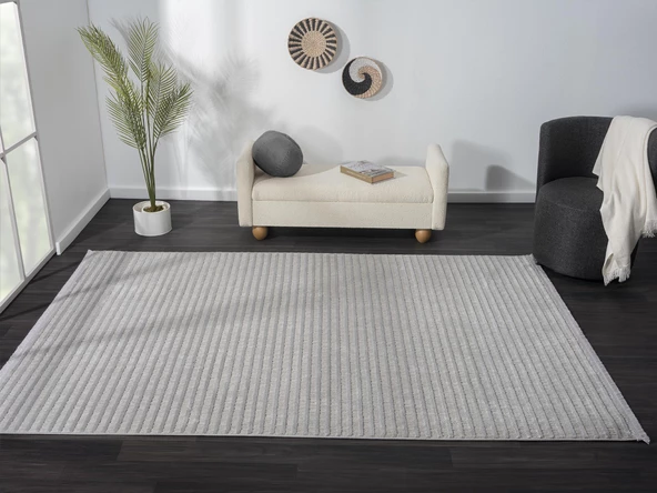 Sümer Sm008g Gri Antrasit Çizgi Desen Halı Dekoratif Modern Tozuyok Antialerjik Salon Halısı Koridor Özel Ölçü POLY. KEMIK - Resim 2