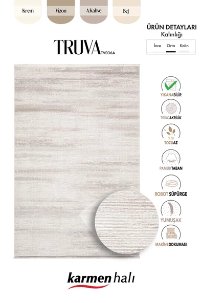 Truva TV036A Krem Rengi Halı Gri ve Bej Detaylı Akrilik Yumuşak Salon Halısı Özel Ölçü KREM-VIZON - Resim 6