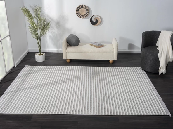 Sümer Sm008a Gri Beyaz Çizgi Desen Halı Dekoratif Modern Tozuyok Antialerjik Salon Halısı Koridor Özel Ölçü POLY. KEMIK - Resim 2