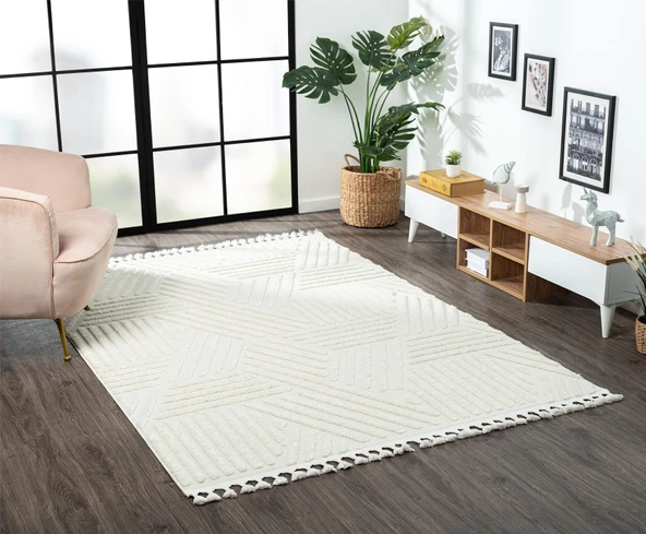 Loop Lp001a Beyaz Halı Dekoratif Sisal Bukle Tozsuz Antialerjik Salon Halısı Yatak Odası Koridor Özel Ölçü BEYAZ - Resim 3