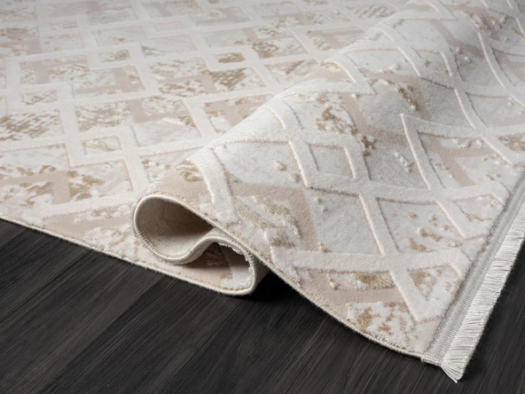 Kaftan Kf008a Bej Halı Kahverengi Detaylı Geometrik Kabartma Desenli Akrilik Halı Tozuaz Özel Ölçü KREM-BEJ - 4
