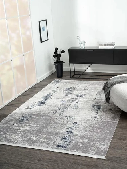 Elegance Eg013a Gri Halı Lacivert Detaylı Modern Viskon Doğal Iplik Bambu Halı Tozu Az Salon Halısı Özel Ölçü GRI-MAVI - 3