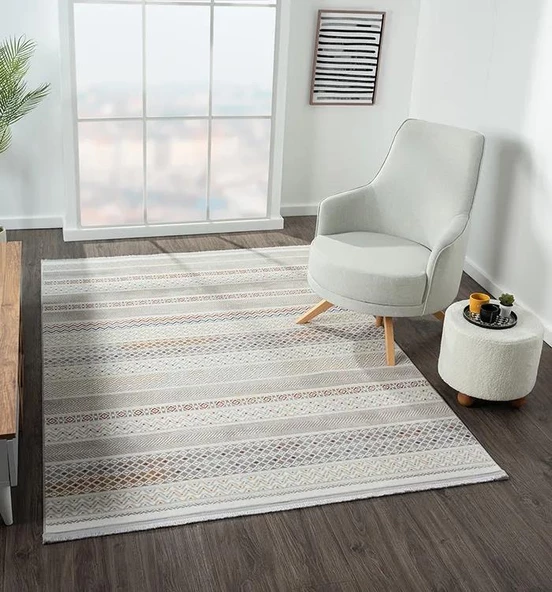 Lotus 8571 Gri Halı Renkli Kilim Desenli Modern İnce Akrilik Tozuaz Salon Oturma Odası Halısı Özel Ölçü RENKLI - Resim 3