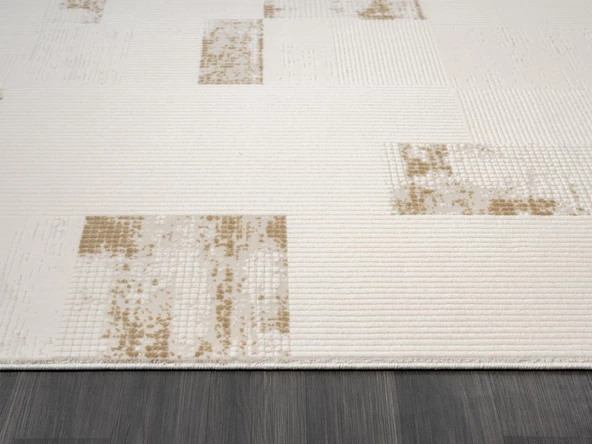 Truva Tv035s Krem Rengi Halı Gold Geometrik Detaylı Akrilik Yumuşak Modern Salon Halısı Özel Ölçü KREM-GOLD - Resim 5