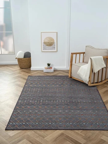 Lenda Ld003a Antrasit Kilim Renkli Detaylı Ince Antialerjik Kaymaz Taban Makinada Yıkanabilir Salon Özel Ölçü ANTRASIT-RENKLI - 3
