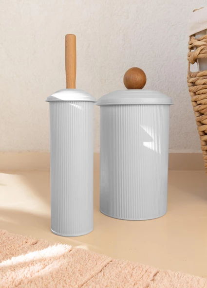 The Mia Stripe Çöp Kovası & Tuvalet Fırçası Banyo Seti Beyaz - 2