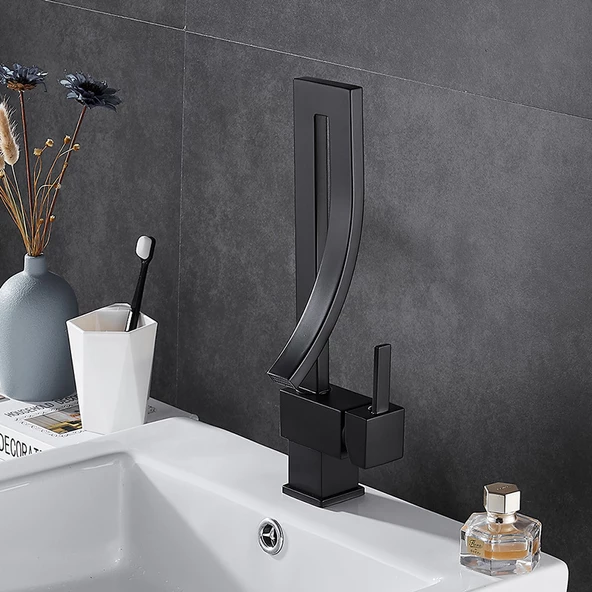 Özel Tasarım Matte Black Banyo Bataryası Retro Şelale Kare Havza Lavabo Bataryası - 5