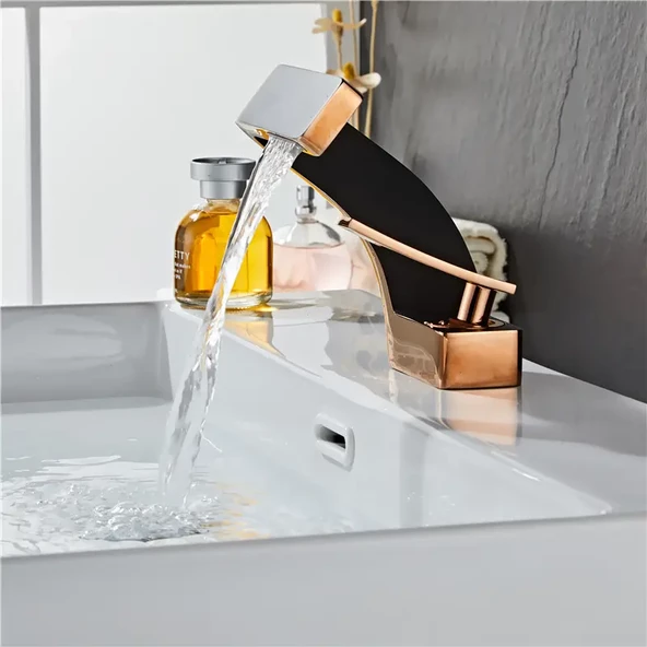 Krom Pirinç Lüx Gold Siyah Havza Şelale Banyo Lavabo Bataryası - 2