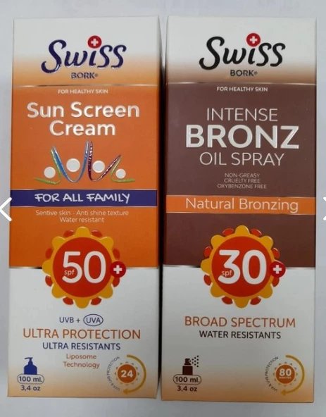 Swiss Bork Leke Karşıtı Güneş Kremi SPF50+ 100 ml + Swiss Bork Bronzlaştırıcı Güneş Spreyi SPF30+ 100 ml