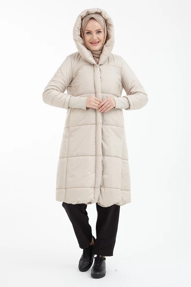 Armine Trend Kapüşonlu Cep Detaylı Kapitone Oversize Siyah Kaban 22kt709 - 7