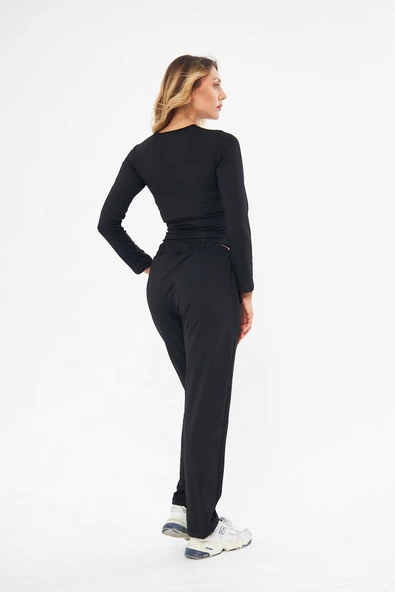 Lesa Wear Yüksel Bel Geniş Paça Şardonlu Likralı Spor Eşofman Altı - Resim 6