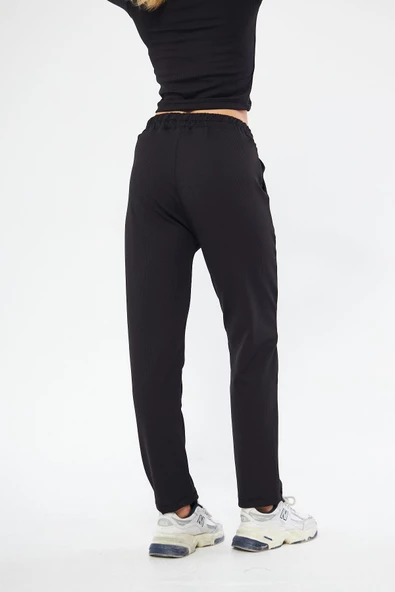 Lesa Wear Fitilli Yüksel Bel Geniş Paça Şardonlu Likralı Spor Eşofman Altı - Resim 6