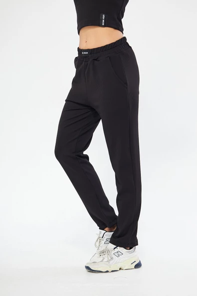 Lesa Wear Fitilli Yüksel Bel Geniş Paça Şardonlu Likralı Spor Eşofman Altı - Resim 5