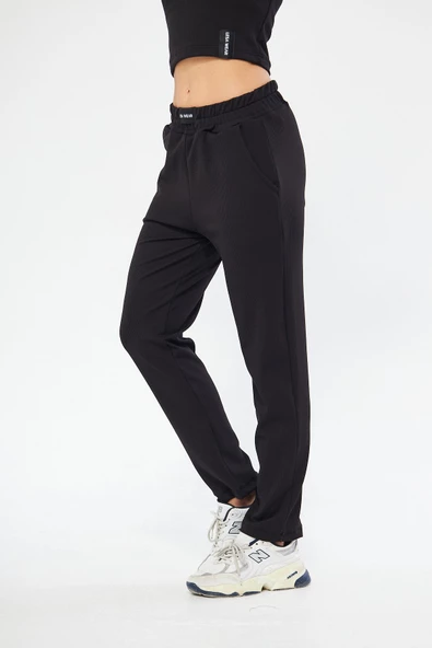 Lesa Wear Yüksel Bel Geniş Paça Şardonlu Likralı Spor Eşofman Altı - Resim 3