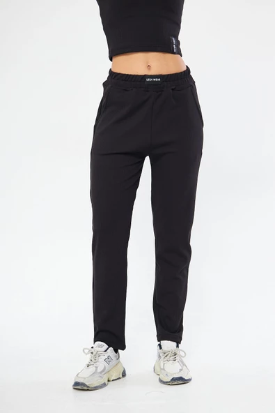 Lesa Wear Yüksel Bel Geniş Paça Şardonlu Likralı Spor Eşofman Altı - Resim 2