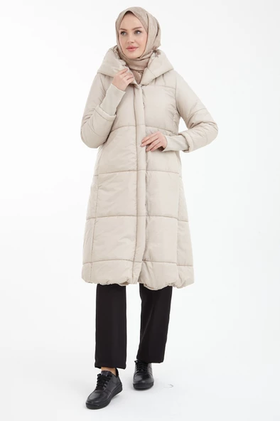 Armine Trend Kapüşonlu Cep Detaylı Kapitone Oversize Siyah Kaban 22kt709 - 9