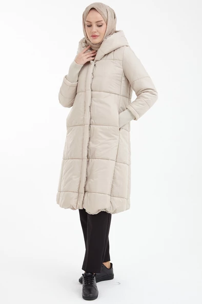Armine Trend Kapüşonlu Cep Detaylı Kapitone Oversize Siyah Kaban 22kt709 - 8