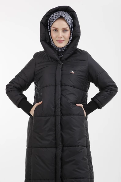 Armine Trend Kapüşonlu Cep Detaylı Kapitone Oversize Siyah Kaban 22kt709 - 6