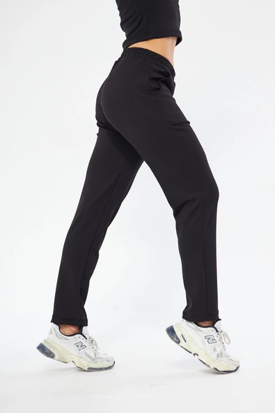Lesa Wear Fitilli Yüksel Bel Geniş Paça Şardonlu Likralı Spor Eşofman Altı - 4