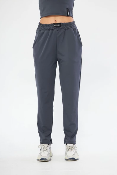 Lesa Wear Yüksel Bel Geniş Paça Şardonlu Likralı Spor Eşofman Altı - Resim 8