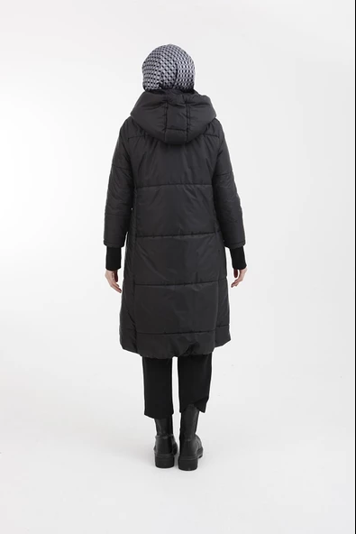 Armine Trend Kapüşonlu Cep Detaylı Kapitone Oversize Siyah Kaban 22kt709 - 3