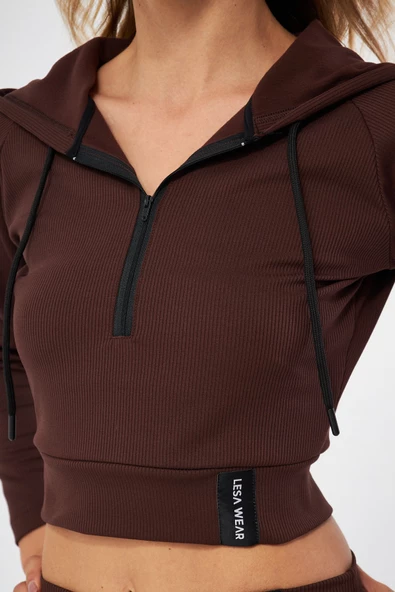 Lesa Wear Fitilli Kapüşonlu Içi Polarlı Yumaşacık Şardonlu Kaşkorse Crop Sweatshirt - Resim 6