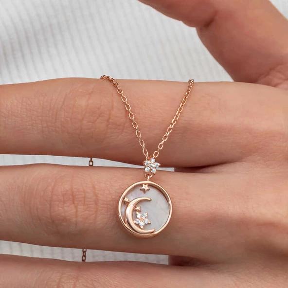 Himarry Gümüş Rose Sedef Taşlı Ay Yıldız Hilal Kadın Kolye