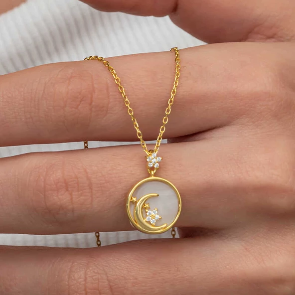 Himarry Gümüş Gold Sedef Taşlı Ay Yıldız Hilal Kadın Kolye