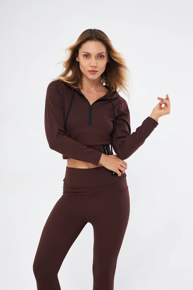 Lesa Wear Fitilli Kapüşonlu Içi Polarlı Yumaşacık Şardonlu Kaşkorse Crop Sweatshirt - 5