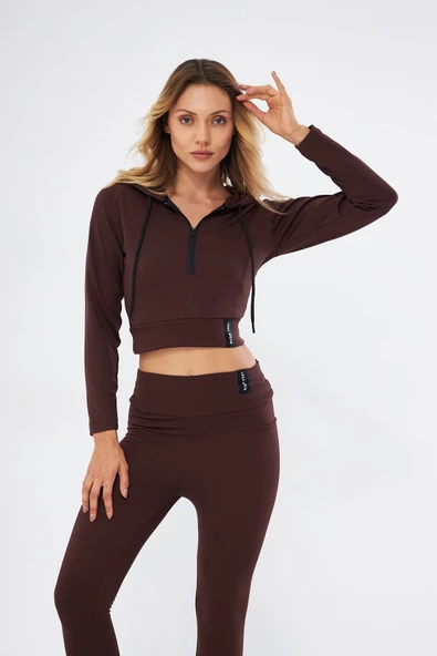 Lesa Wear Fitilli Kapüşonlu Içi Polarlı Yumaşacık Şardonlu Kaşkorse Crop Sweatshirt - 4