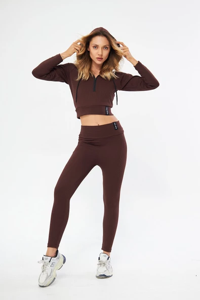 Lesa Wear Fitilli Kapüşonlu Içi Polarlı Yumaşacık Şardonlu Kaşkorse Crop Sweatshirt - 2