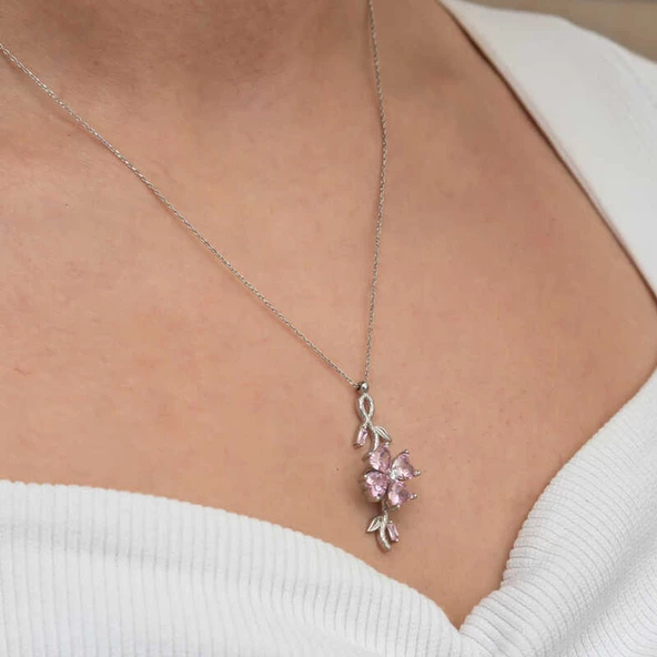 Himarry Gümüş Dönen Pembe Yonca Kadın Kolye - Resim 5