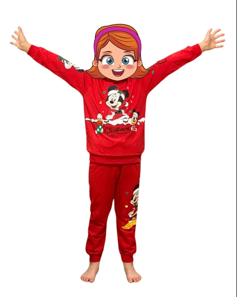 Baskılı Pamuk Kız Çocuk Yeni Yıl Pijama Takımı (Minnie Mouse)