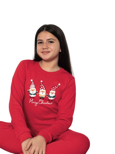 Baskılı Pamuk Kız Çocuk Yeni Yıl Pijama Takımı (Noel Baba) - Resim 2