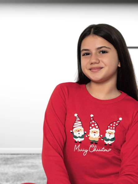 Baskılı Pamuk Kız Çocuk Yeni Yıl Pijama Takımı (Noel Baba) - Resim 3