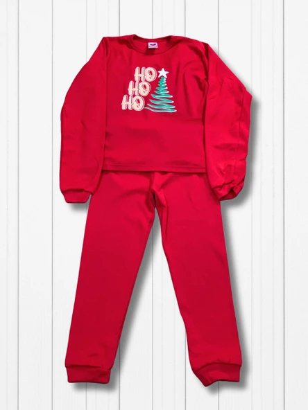Baskılı Pamuk Kız Çocuk Yeni Yıl Pijama Takımı (Ho ho ho) - 4