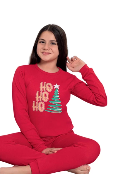 Baskılı Pamuk Kız Çocuk Yeni Yıl Pijama Takımı (Ho ho ho) - 2