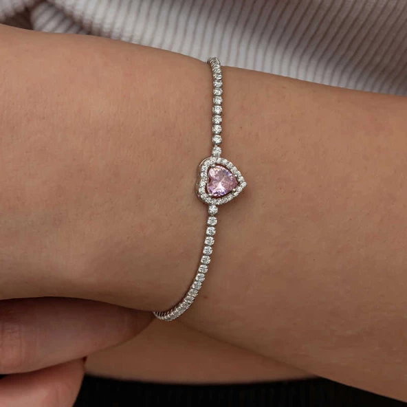 Himarry Gümüş Pembe Taşlı Kalpli Su Yolu Bileklik