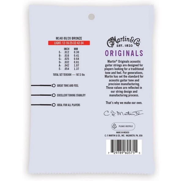Martin Co M140 "Original M140" Bronze Akustik Gitar Teli Light 12-54 - Resim 2