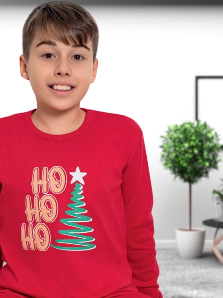 Baskılı Pamuk Erkek Çocuk Yeni Yıl Pijama Takımı (Ho ho ho) - Resim 3