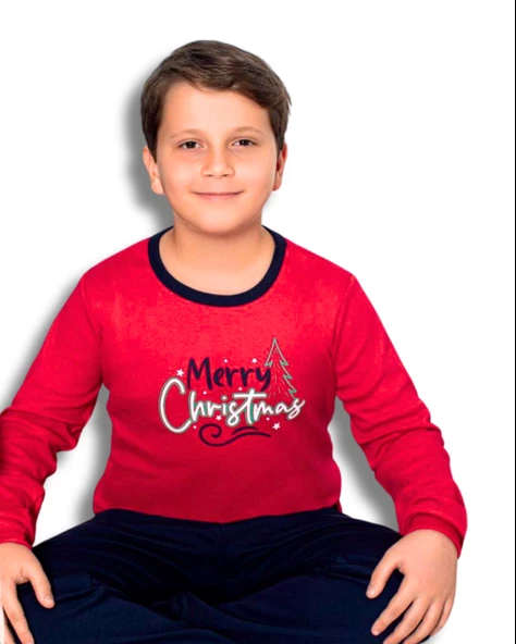 Baskılı Pamuk Erkek Çocuk Yeni Yıl Pijama Takımı (Merry Christmas)