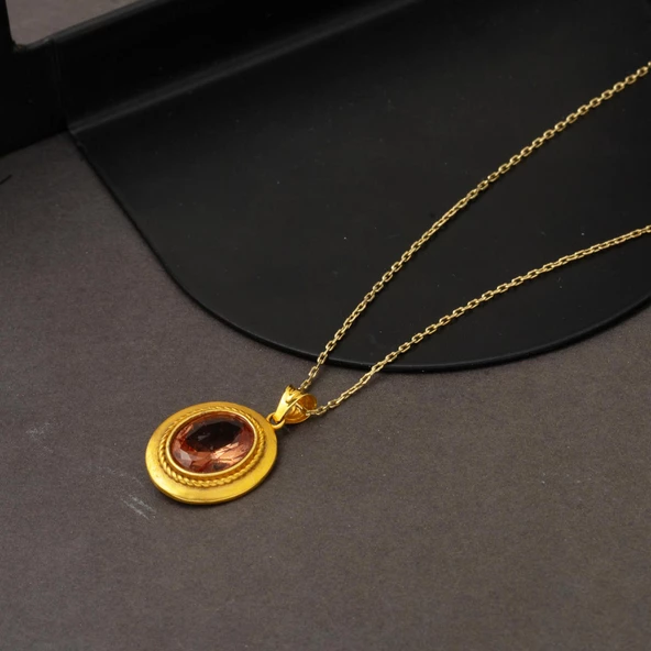 Oval Sultanayt Taşlı 14 Ayar Altın Kolye - 5