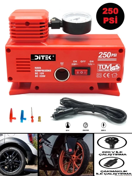 Araba Oto Araç Lastik Şişirme Pompası Hava Kompresörü 250psi DC 12-AC 220 Volt Kompresör Pompa Seti