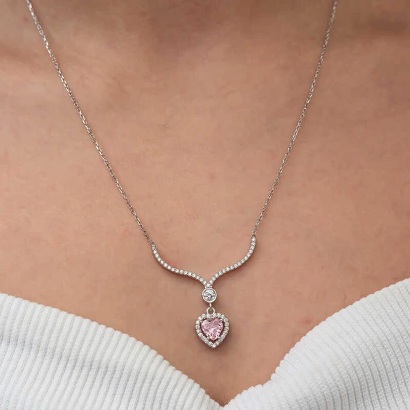 Himarry Gümüş Pembe Zirkon Taşlı Kalp Kadın Kolye - Resim 3