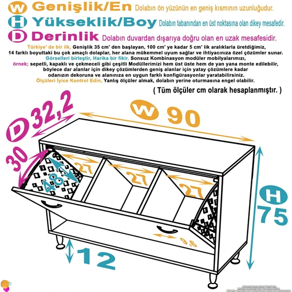 Modilayn SÖKE Banyo İçin Sihirli Kutu 90x75x32,5 cm’ lik 3 Göz Sepet Hazneli  Mini Banyo Dolabı - 4