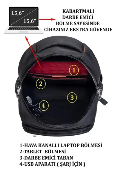 Darbe Emici Usb Aparatlı Su Geçirmez Kumaş 15.6 inç Ped Korumalı Sırt Çantası - 5