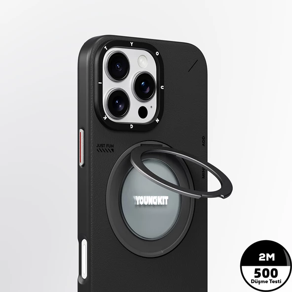 Youngkit Apple iPhone 16 Pro Max Kılıf Magsafe Şarj Özellikli 360° Standlı Basit Mat Deri Desenli Youngkit Tech Leather Serisi Kapak - Resim 11