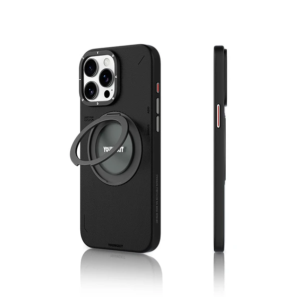Youngkit Apple iPhone 15 Pro Kılıf Magsafe Şarj Özellikli 360° Standlı Basit Mat Deri Desenli Youngkit Tech Leather Serisi Kapak - Resim 11